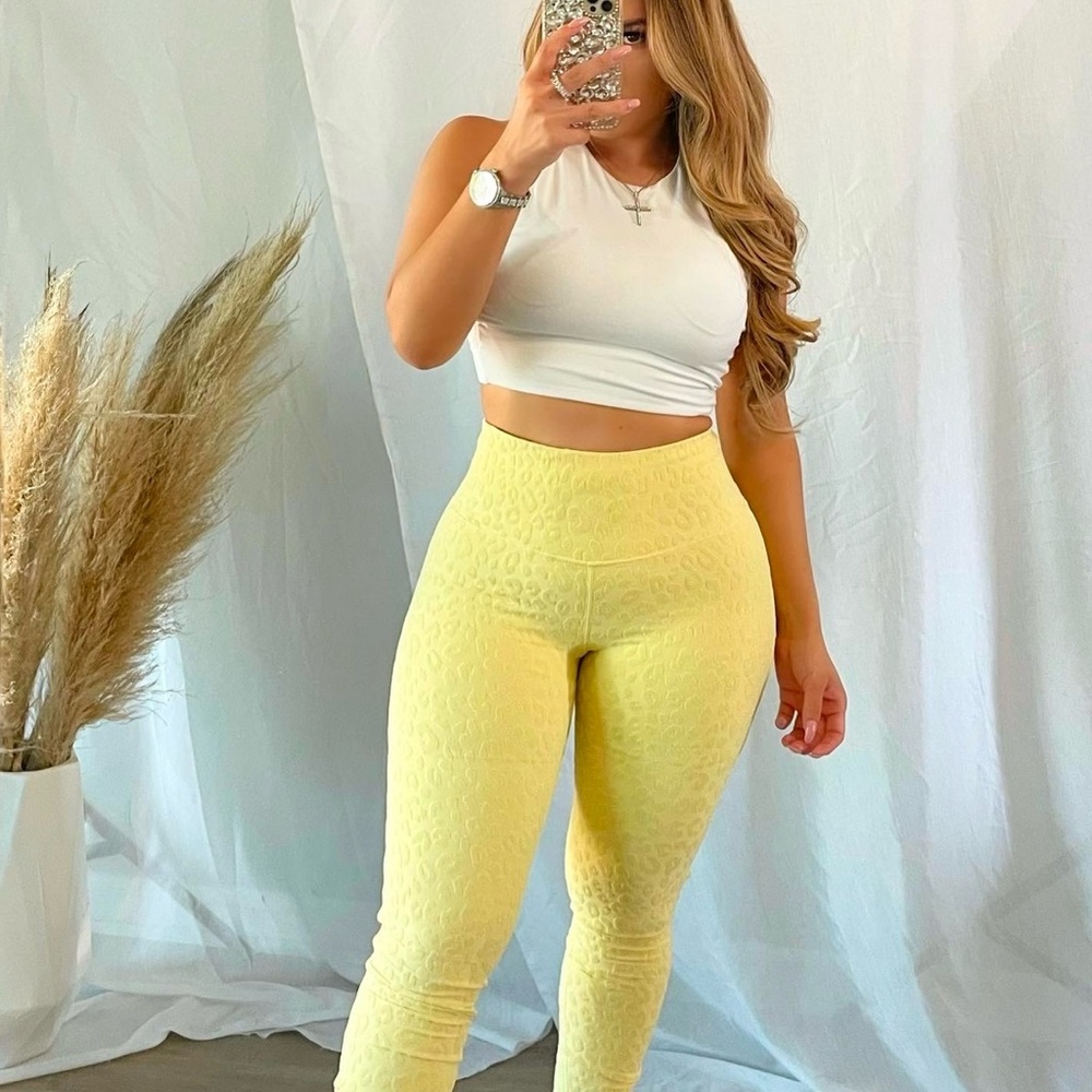 Mono B Yellow High-Waist Leggings leopard pant women small gym workout